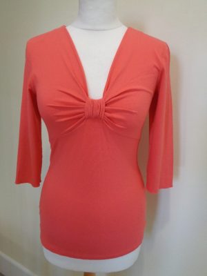 MARC CAIN CORAL V NECK KNOT FRONT DETAIL T-SHIRT WITH THREE QUARTER SLEEVES