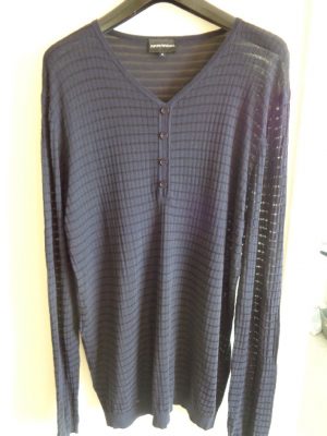 EMPORIO ARMANI MEN'S BLACK AND BLUE STRIPED LONG SLEEVE TOP WITH BUTTONS