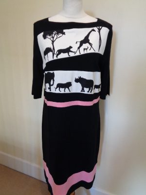 MARC CAIN BLACK AND WHITE DRESS WITH ANIMAL PRINT AND HOT PINK TRIM