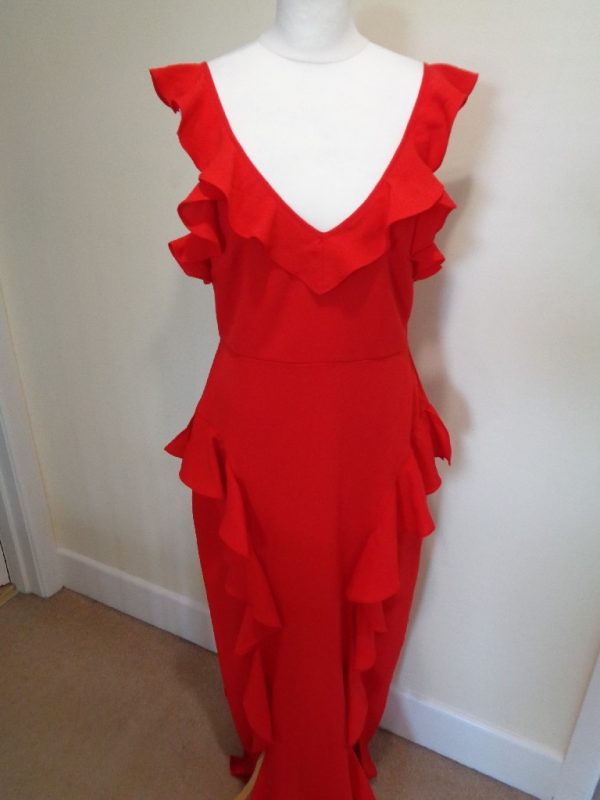 FOREVER UNIQUE LONG RED EVENING DRESS WITH RUFFLE DETAIL
