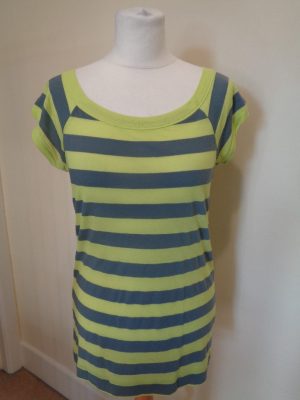 THEORY YELLOW AND GREY STRIPED CAP SLEEVE T-SHIRT