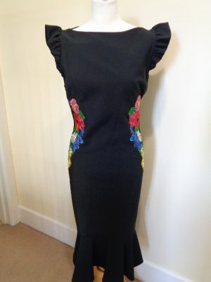 GENESE LONDON BLACK DRESS WITH EMBROIDERED AND DIAMANTE FLOWER DETAIL