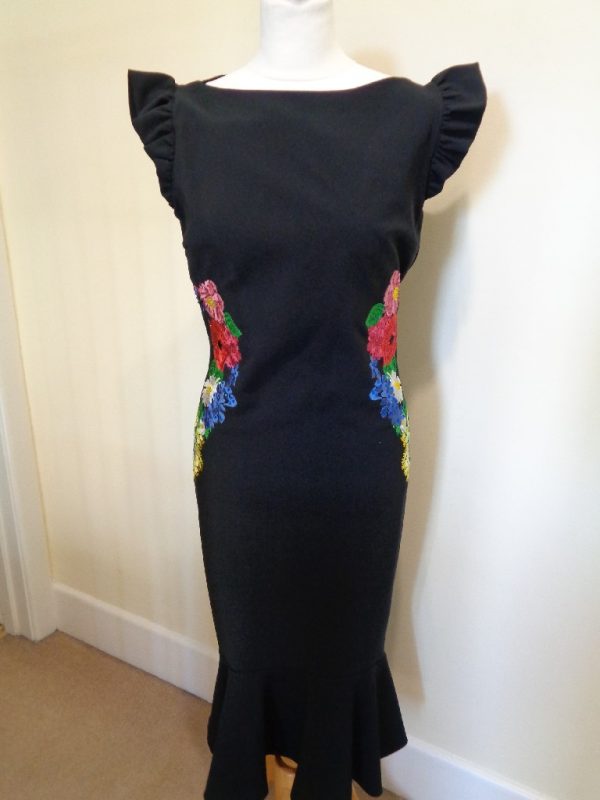 GENESE LONDON BLACK DRESS WITH EMBROIDERED AND DIAMANTE FLOWER DETAIL