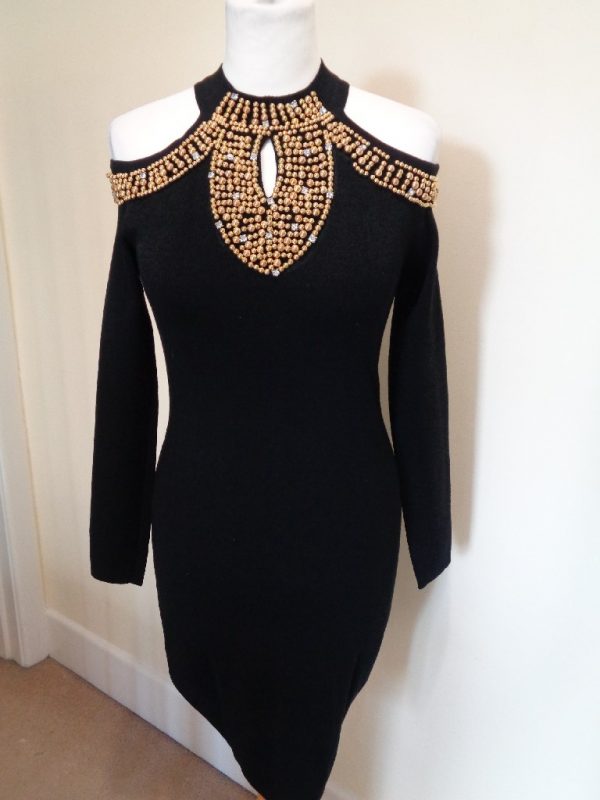 FOREVER UNIQUE BLACK COLD SHOULDER KNITTED DRESS WITH GOLD BEAD AND DIAMANTE