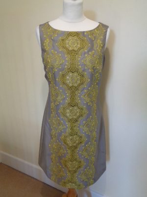 MONSOON TAUPE SLEEVELESS DRESS WITH YELLOW LACE AND BEAD DETAIL