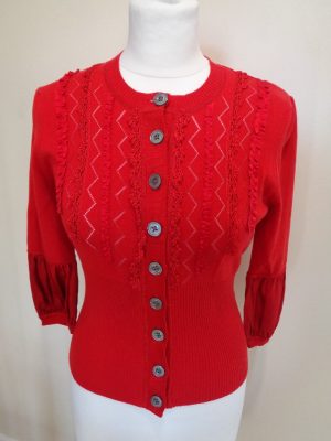 KAREN MILLEN RED CARDIGAN WITH LACE AND RIBBON DETAIL AND SATIN CUFFS