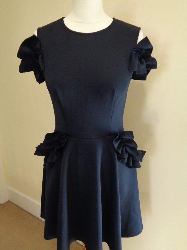TED BAKER NAVY BLUE COLD SHOULDER DRESS WITH RUFFLE DETAIL