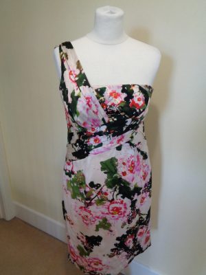 MONSOON MULTI COLOURED FLORAL PRINT ONE SHOULDER SILK DRESS WITH BEAD DETAIL