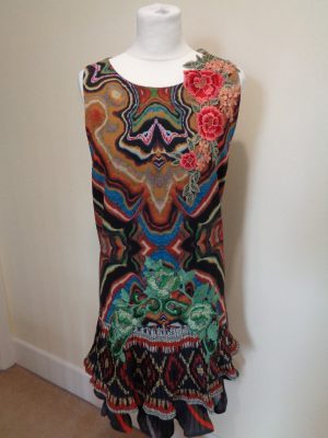 DESIGUAL MULTICOLOURED PRINT DRESS WITH LACE AND PLEATING DETAIL